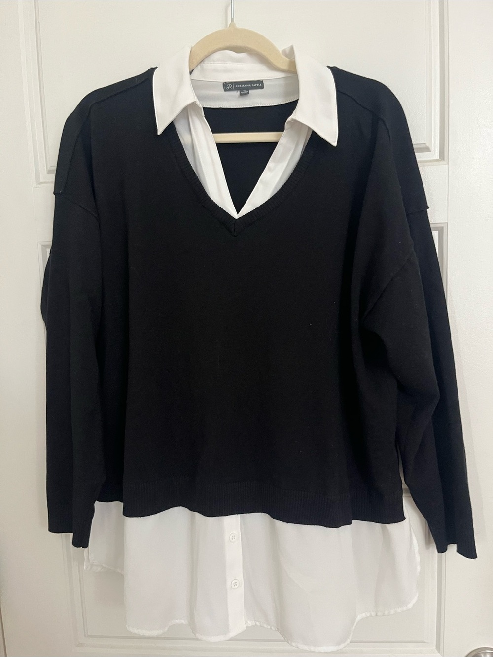 Adrianna Papell Black V-Neck Layered Sweater with White Shirt Detail